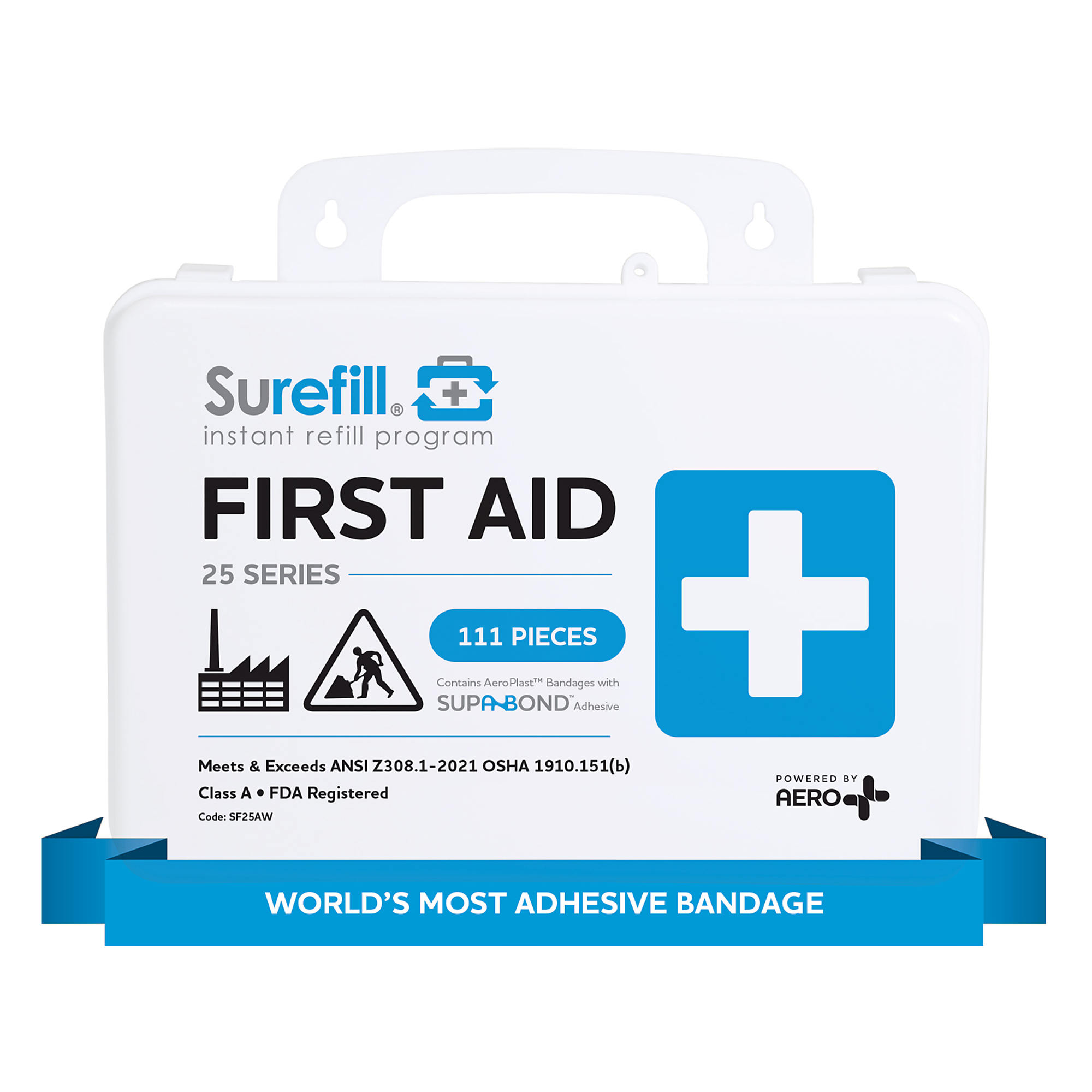 Aero Healthcare, 25 ANSI 2021 A+ First Aid Kit, Plastic Case, Items Per Kit 111 Class A, ANSI Compliant, Model# SF25AW